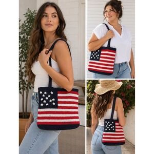 Chateau American Flag Crochet Tote Bag Women Medium Red White Blue Patriotic USA